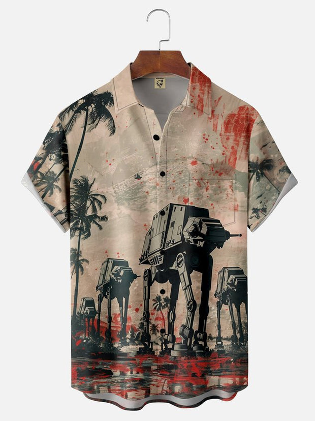 Moisture-wicking Star Robot Chest Pocket Hawaiian Shirt