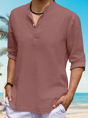 Men's Plain Cotton Linen Casual Short Sleeve Shirt