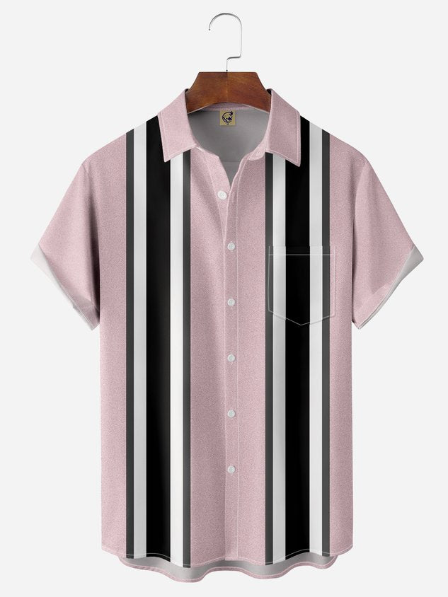 Striped Chest Pocket Short Sleeve Bowling Shirt