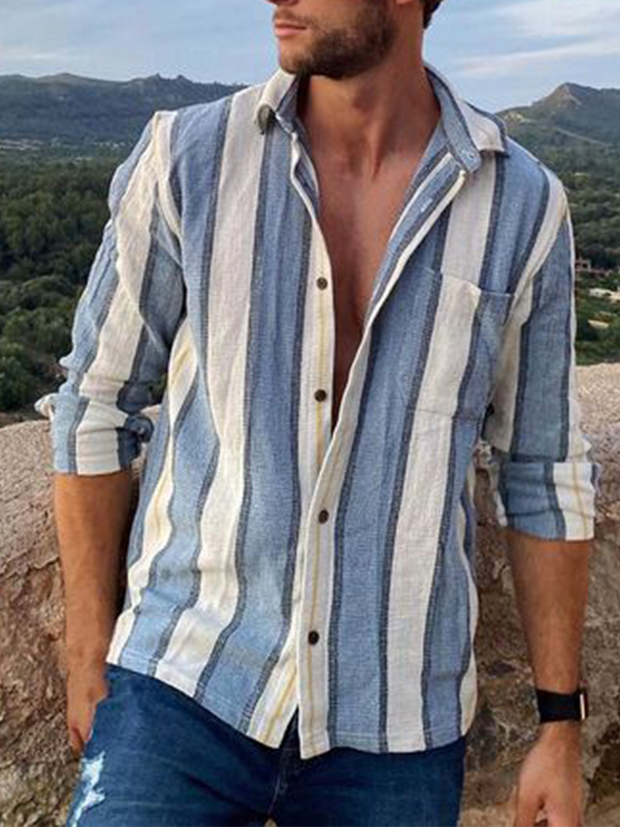 Striped Chest Pocket Long Sleeve Casual Shirt