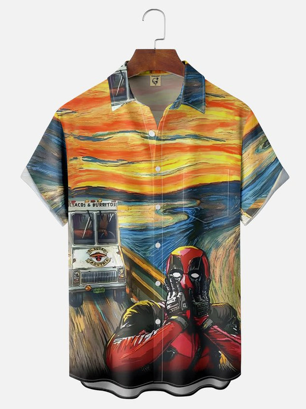 Moisture-wicking Famous Paintings Spoof Chest Pocket Hawaiian Shirt