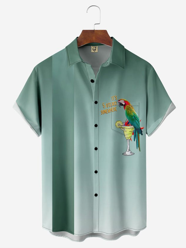 Moisture-wicking Parrot Cocktail Chest Pocket Bowling Shirt