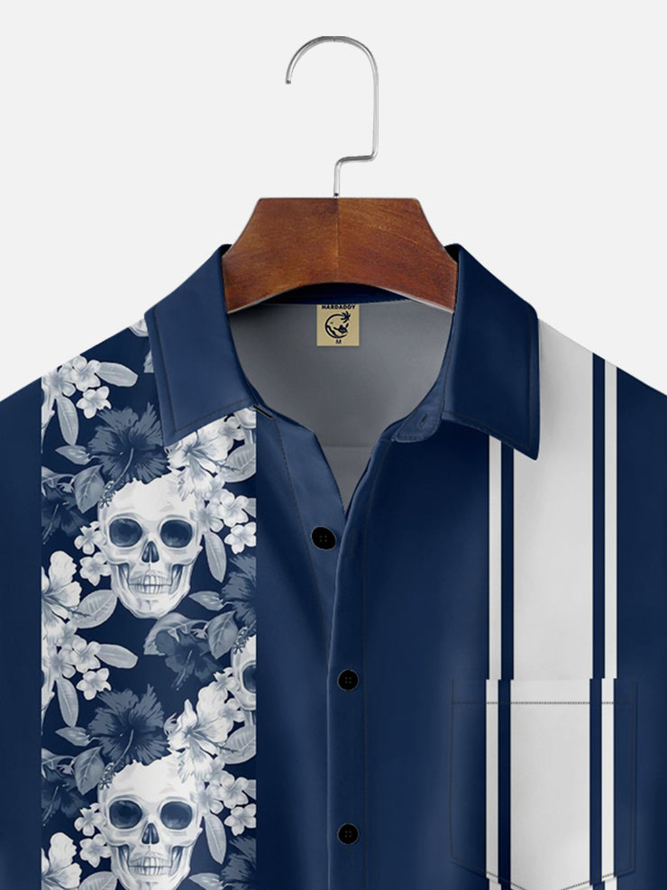 Hardaddy Flower Skull Chest Pocket Short Sleeve Bowling Shirt