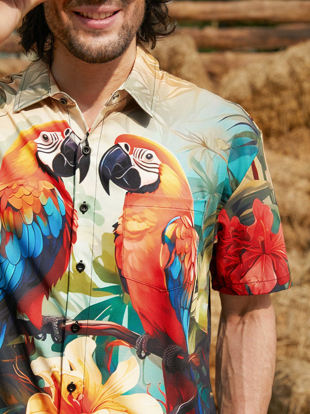 Hardaddy Moisture-wicking Breathable Parrots Chest Pocket Hawaiian Shirt