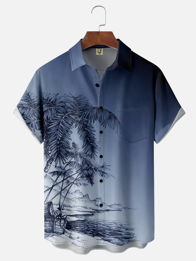 Moisture-wicking Breathable Palm Tree Chest Pocket Hawaiian Shirt