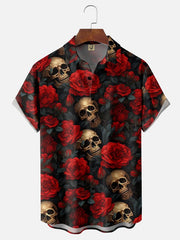 Moisture-wicking Rock Music Skull Drop Rose Chest Pocket Hawaiian Shirt