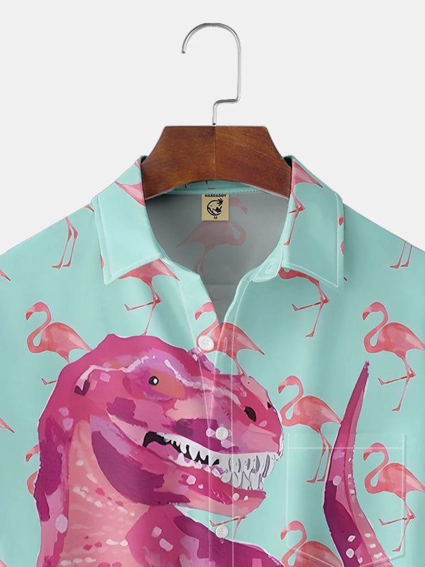 Moisture-wicking Dinosaur Flamingo Short Sleeve Aloha Shirt