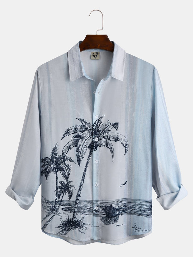 Men's Cotton Linen Style Coconut Tree Graphic Print Long Sleeve Shirt