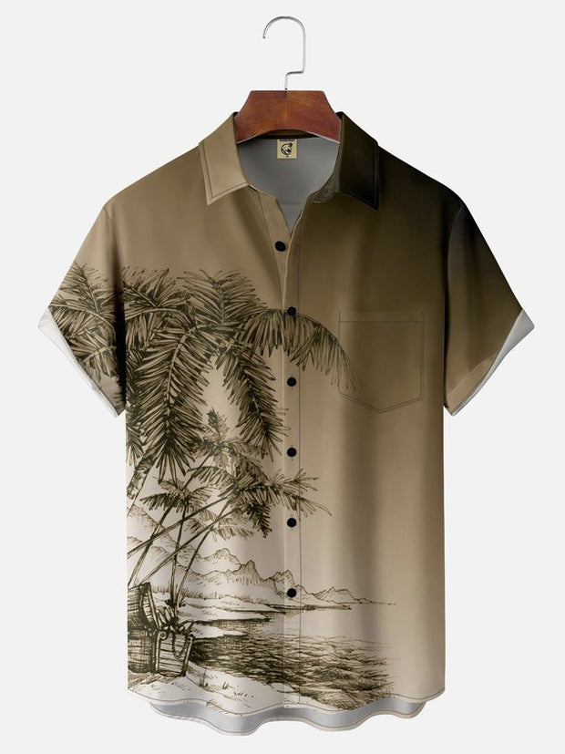 Moisture-wicking Breathable Palm Tree Chest Pocket Hawaiian Shirt