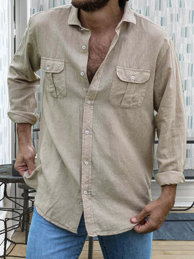 Cotton and Linen Style American Solid Color Basic Versatile Linen Shirt