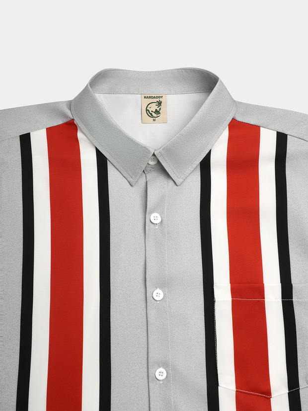 Striped Chest Pocket Short Sleeve Bowling Shirt