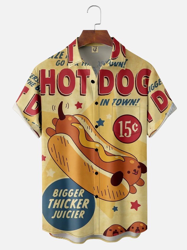 Moisture-wicking Breathable BBQ Hot Dog Dachshund Chest Pocket Hawaiian Shirt