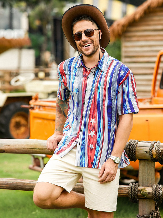 American Flag Striped Chest Pocket Short Sleeve Casual Shirt