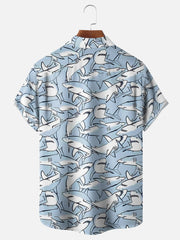 Moisture-wicking Sea Life Shark Chest Pocket Hawaiian Shirt