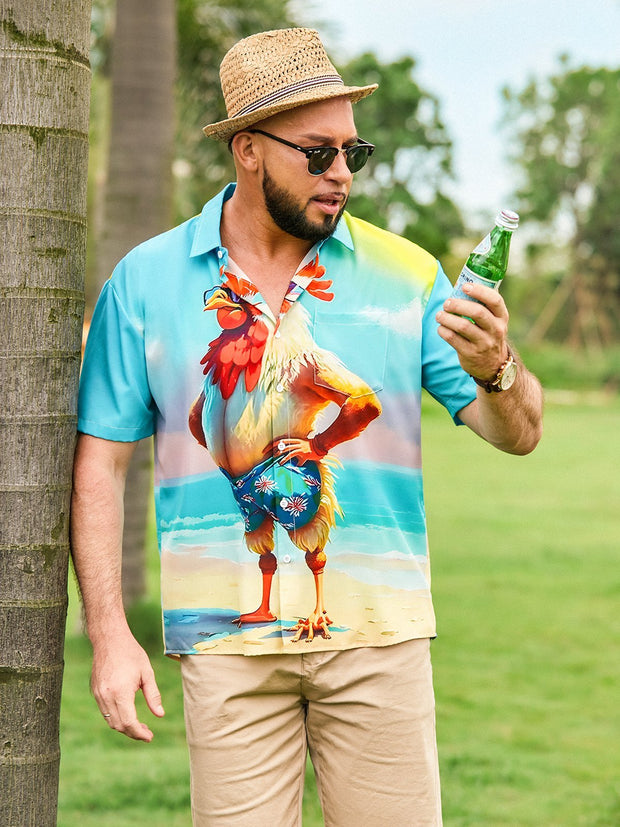 Moisture-wicking Ombre Beach Chicken Chest Pocket Hawaiian Shirt