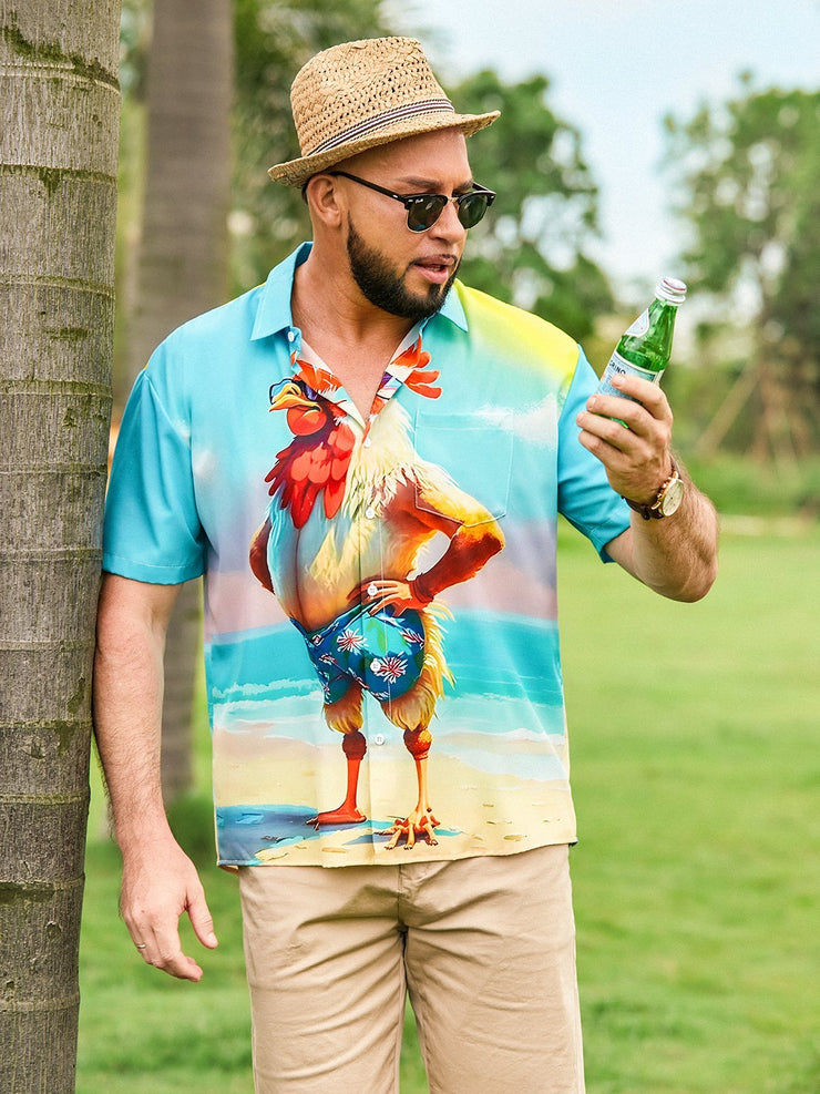 Moisture-wicking Ombre Beach Chicken Chest Pocket Hawaiian Shirt