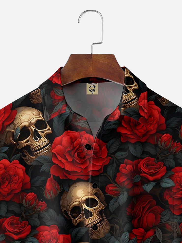 Moisture-wicking Rock Music Skull Drop Rose Chest Pocket Hawaiian Shirt