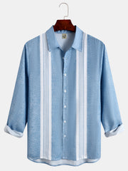 Cotton and linen stripe style geometry leisure men long sleeve shirt