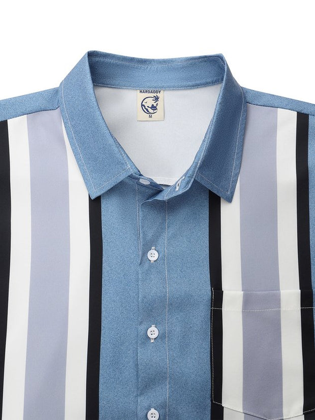 Striped Chest Pocket Short Sleeve Bowling Shirt