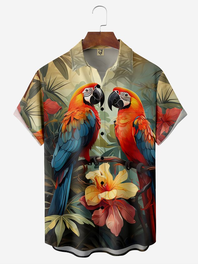 Hardaddy Moisture-wicking Breathable Parrots Chest Pocket Hawaiian Shirt