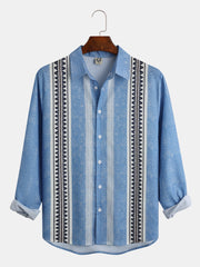 Cotton and linen stripe style geometry leisure men long sleeve shirt