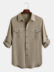 Clean color long sleeve shirt, casual style cotton and linen shirt with lapel