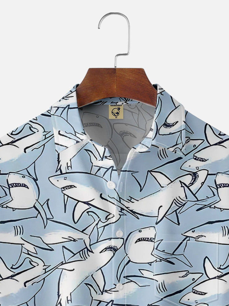 Moisture-wicking Sea Life Shark Chest Pocket Hawaiian Shirt