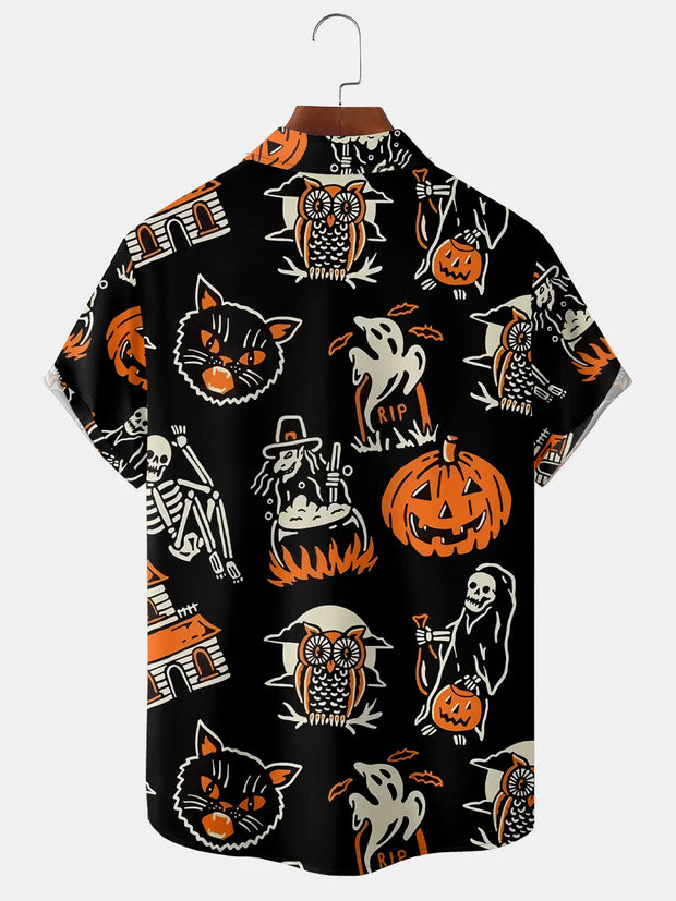 Men's Halloween Retro Cat and Witch Print Casual Breathable Short Sleeve Shirt