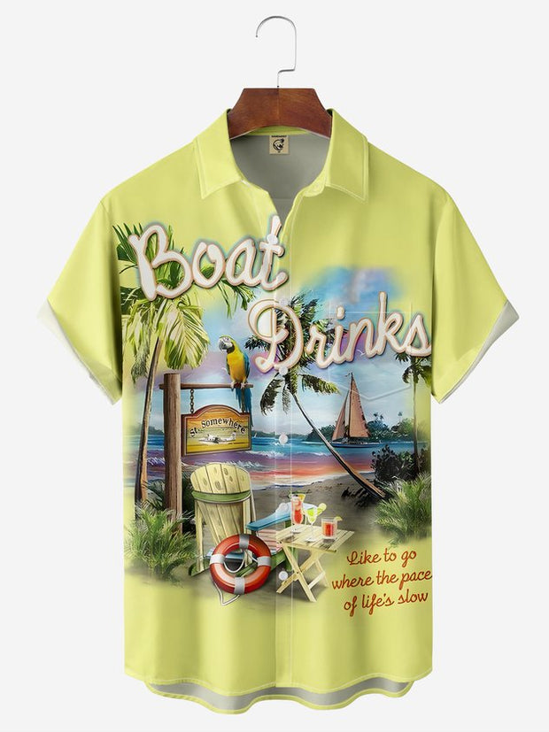 Beach Boat Drinks Scenery Chest Pocket Regular Fit Yellow Short Sleeve Hawaiian Shirt