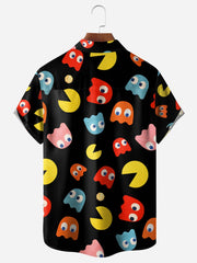 Pac Man Shirt Cartoon Pattern Chest Pocket Short Sleeve Casual Shirt