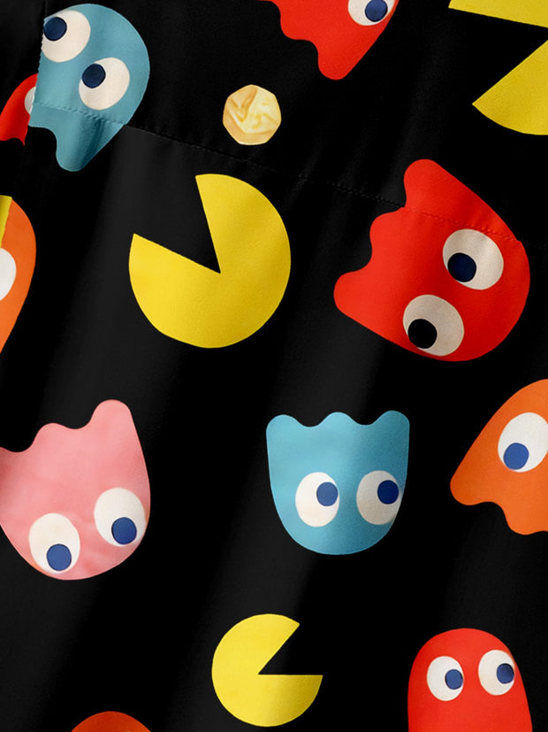 Pac Man Shirt Cartoon Pattern Chest Pocket Short Sleeve Casual Shirt