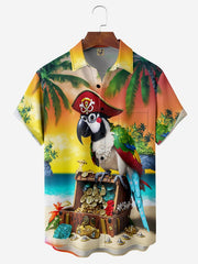 Men's Funny Button Down Hawaiian Shirts Beach Pirate Parrot Chest Pocket Short Sleeve Hawaiian Shirt