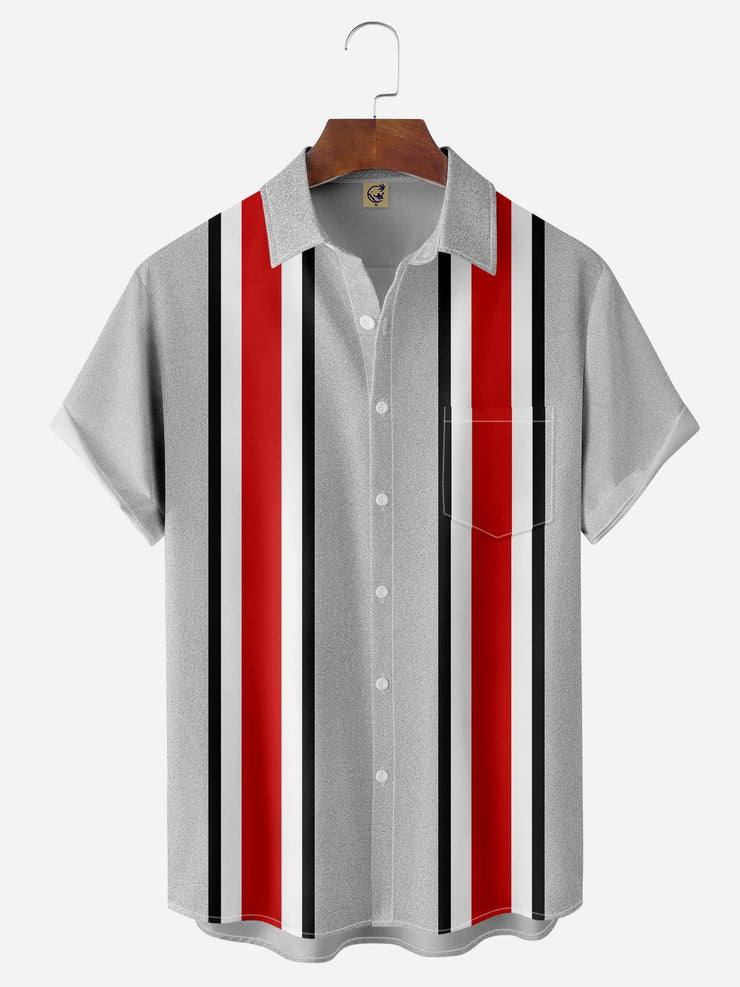 Striped Chest Pocket Short Sleeve Bowling Shirt