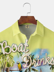 Beach Boat Drinks Scenery Chest Pocket Regular Fit Yellow Short Sleeve Hawaiian Shirt