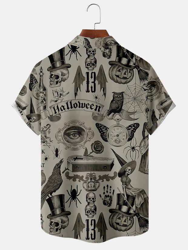 Casual Style Festival Series Halloween Retro Skull Owl Element Pattern Lapel Short-Sleeved Shirt Print Top