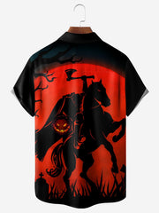 Halloween Headless Horseman Chest Pocket Short Sleeve Casual Shirt