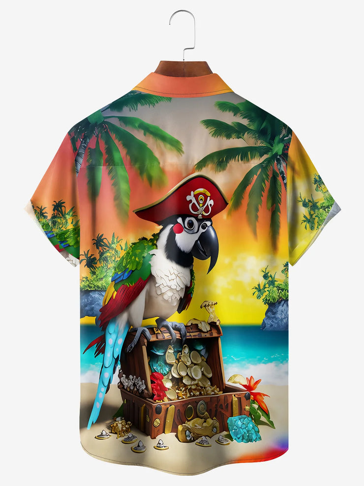 Men's Funny Button Down Hawaiian Shirts Beach Pirate Parrot Chest Pocket Short Sleeve Hawaiian Shirt