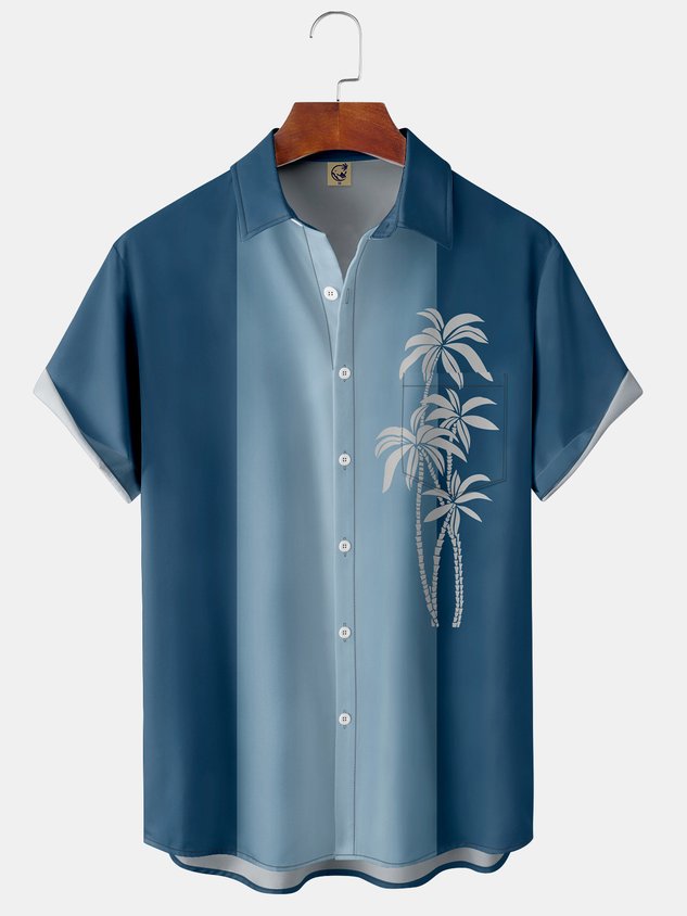 Gradient Coconut Tree Chest Pocket Short Sleeve Shirt