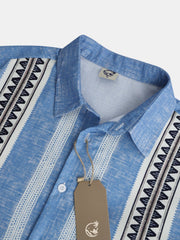 Cotton and linen stripe style geometry leisure men long sleeve shirt