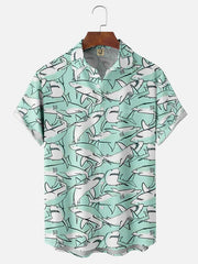 Moisture-wicking Sea Life Shark Chest Pocket Hawaiian Shirt