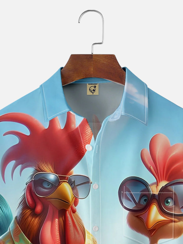 Moisture-wicking Vacation Rooster Chest Pocket Hawaiian Shirt