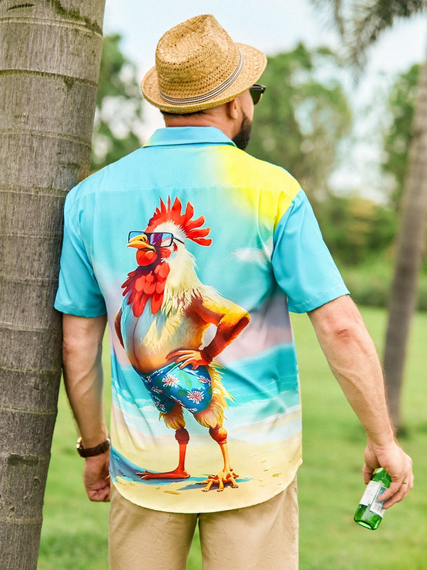 Moisture-wicking Ombre Beach Chicken Chest Pocket Hawaiian Shirt