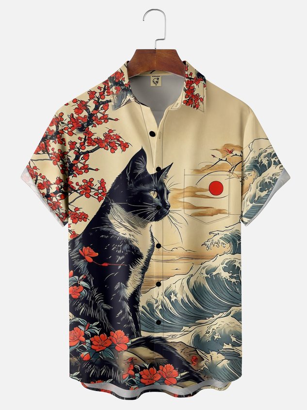 Moisture-wicking Ukiyo-e Monster Cat Hawaiian Shirt