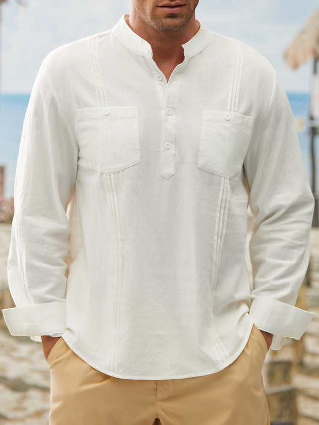 Cotton Henley Collar Guayabera Shirt